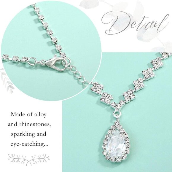 Bride Silver Bridal Necklace Earrings Set Crystal Wedding Jewelry Set Rhinestone - Picture 6 of 8